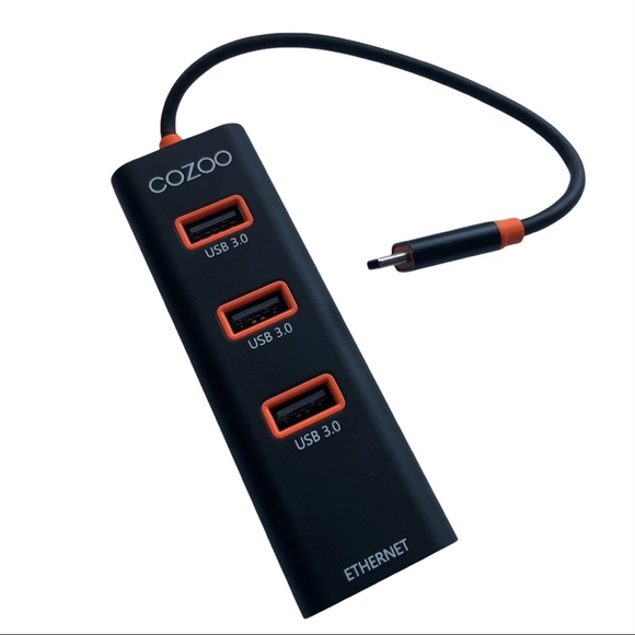 NEW COZOO USB-C to 3-Port USB 3.0 Hub with Ethernet NEW NIB Orange Black Tech - Picture 2 of 11